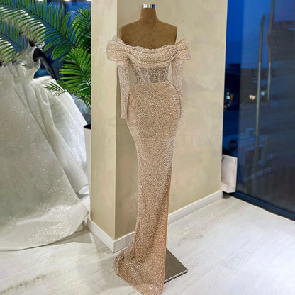 Luxury Nude Arabic One Shoulder Beaded Mermaid Evening Dress LA72318B - SERENE HILL