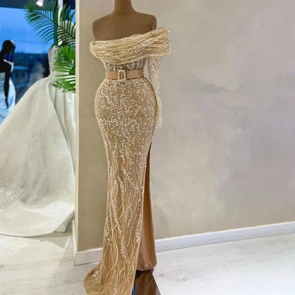 Serene Hill Arabic Nude Mermaid One Shoulder Beaded Luxury Dubai Evening Dresses Gowns For Women Wedding Party 2025 LA72161 - SERENE HILL