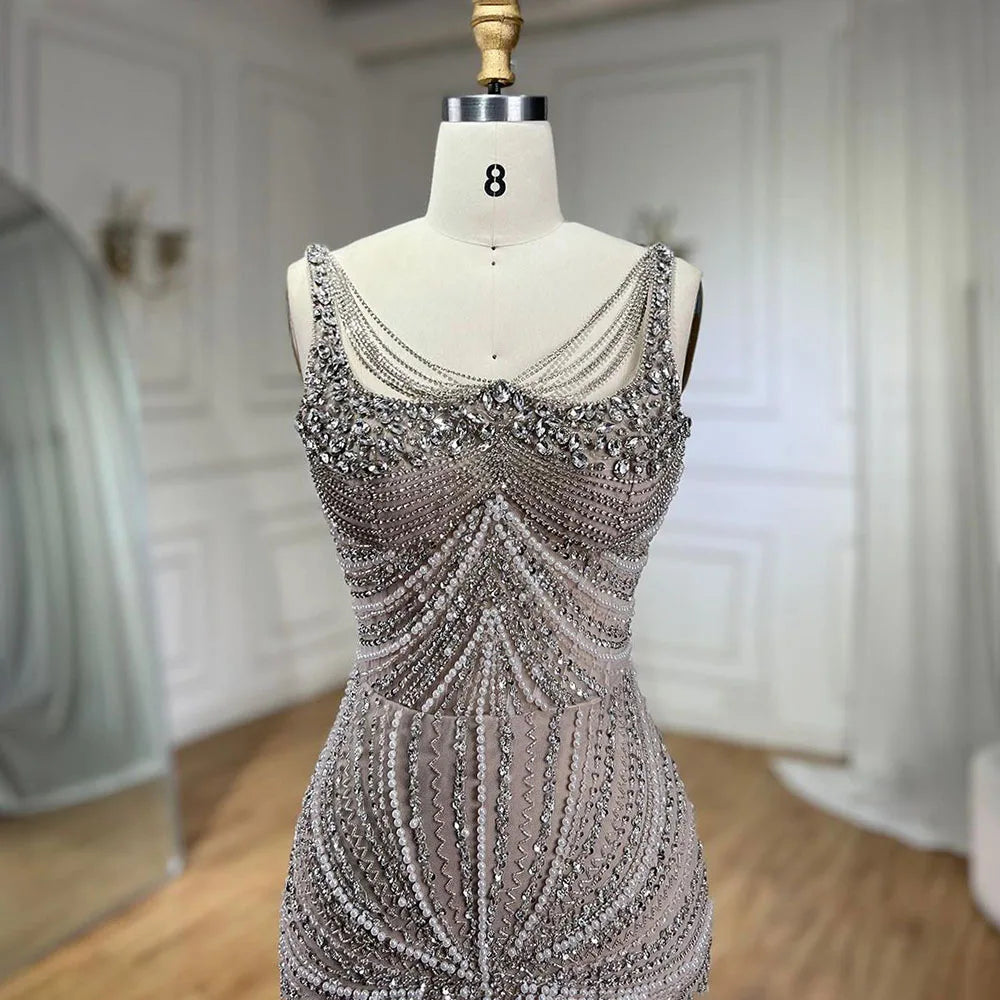 Luxury Nude Pearl Beaded Mermaid Evening Dress with Spaghetti Straps LA72356 - SERENE HILL