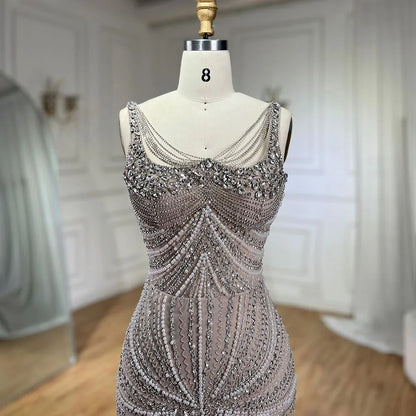 Luxury Nude Pearl Beaded Mermaid Evening Dress with Spaghetti Straps LA72356 - SERENE HILL