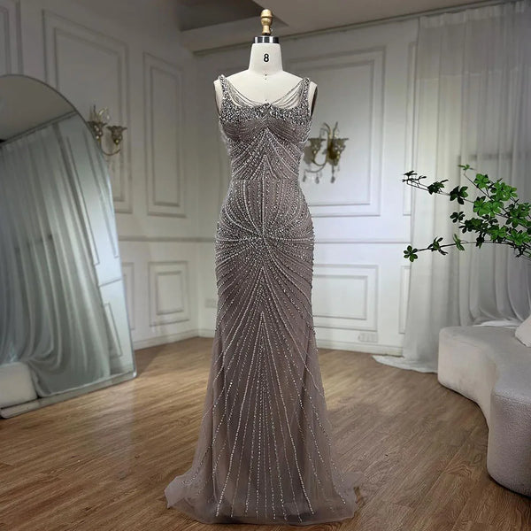 Luxury Nude Pearl Beaded Mermaid Evening Dress with Spaghetti Straps LA72356