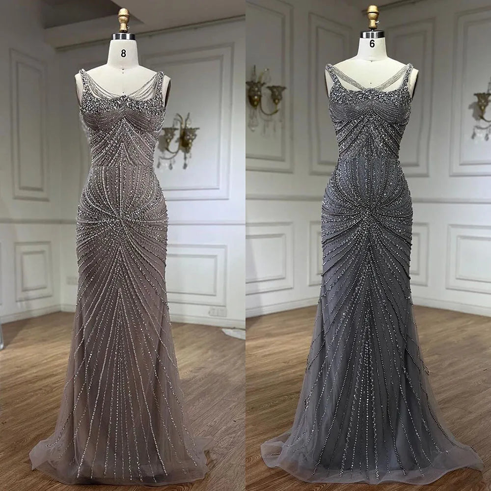 Luxury Nude Pearl Beaded Mermaid Evening Dress with Spaghetti Straps LA72356 - SERENE HILL