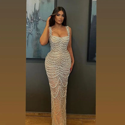 Luxury Dubai Arabic Nude Spaghetti Strap Mermaid Luxury Pearls Beaded Evening Gown for Women | Wedding Party LA72606A - SERENE HILL