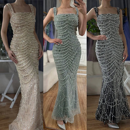 Luxury Dubai Arabic Nude Spaghetti Strap Mermaid Luxury Pearls Beaded Evening Gown for Women | Wedding Party LA72606A - SERENE HILL