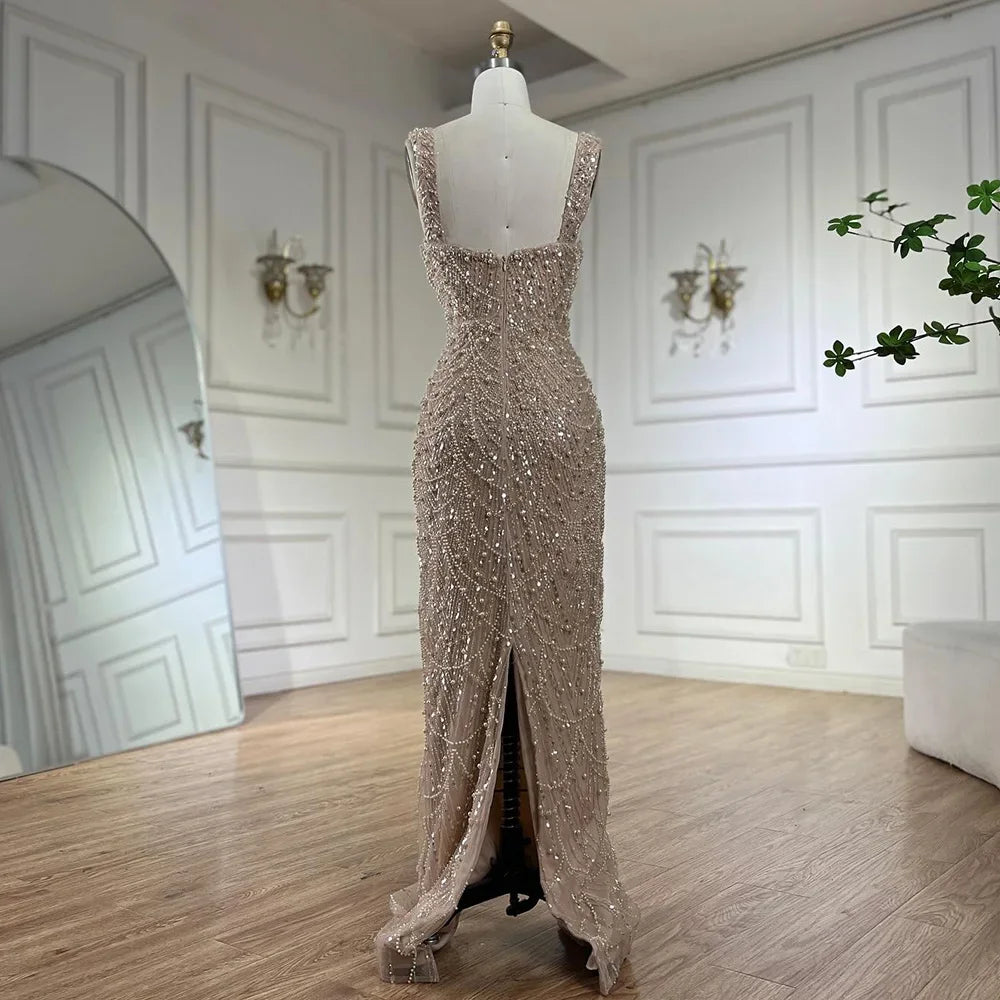 Luxury Dubai Arabic Nude Spaghetti Strap Mermaid Luxury Pearls Beaded Evening Gown for Women | Wedding Party LA72606A - SERENE HILL
