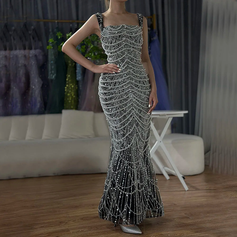 Luxury Dubai Arabic Nude Spaghetti Strap Mermaid Luxury Pearls Beaded Evening Gown for Women | Wedding Party LA72606A - SERENE HILL
