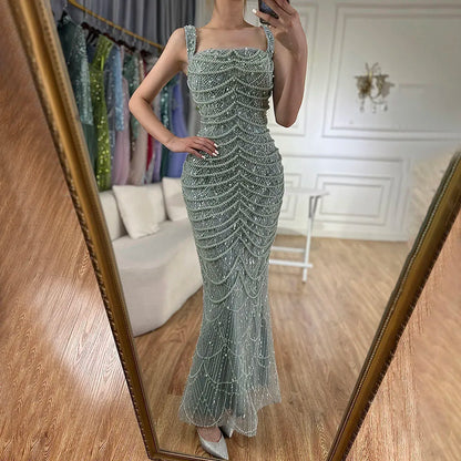 Luxury Dubai Arabic Nude Spaghetti Strap Mermaid Luxury Pearls Beaded Evening Gown for Women | Wedding Party LA72606A - SERENE HILL