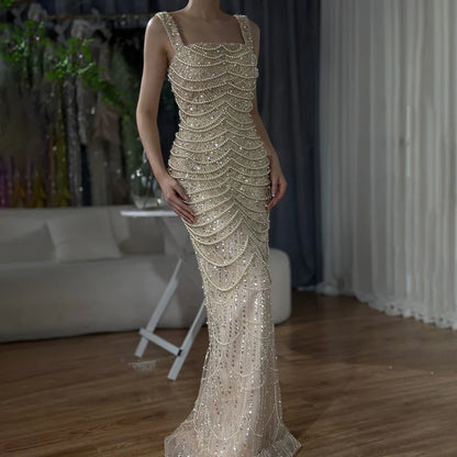 Luxury Dubai Arabic Nude Spaghetti Strap Mermaid Luxury Pearls Beaded Evening Gown for Women | Wedding Party LA72606A - SERENE HILL