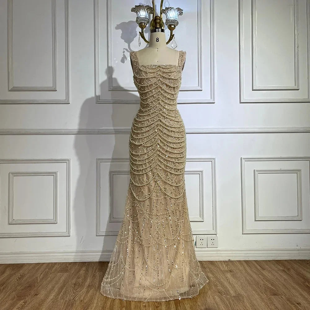 Luxury Dubai Arabic Nude Spaghetti Strap Mermaid Luxury Pearls Beaded Evening Gown for Women | Wedding Party LA72606A - SERENE HILL