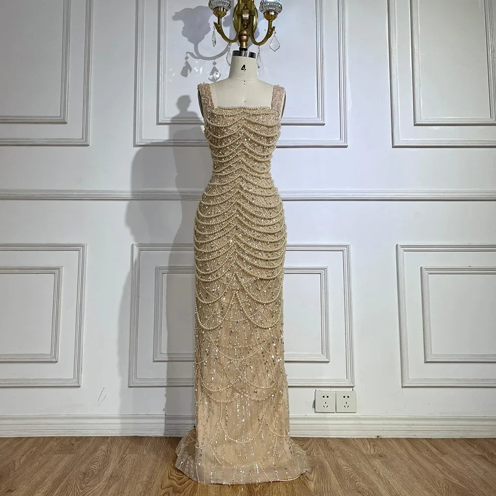 Luxury Dubai Arabic Nude Spaghetti Strap Mermaid Luxury Pearls Beaded Evening Gown for Women | Wedding Party LA72606A - SERENE HILL