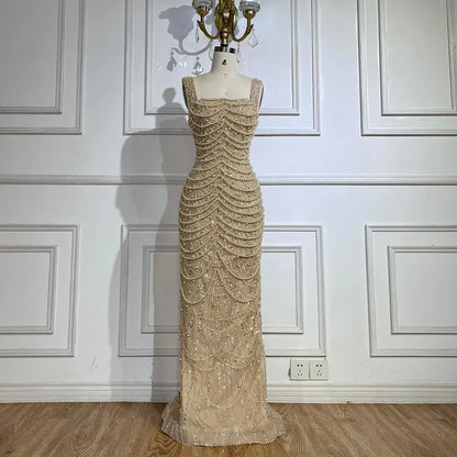 Luxury Dubai Arabic Nude Spaghetti Strap Mermaid Luxury Pearls Beaded Evening Gown for Women | Wedding Party LA72606A - SERENE HILL