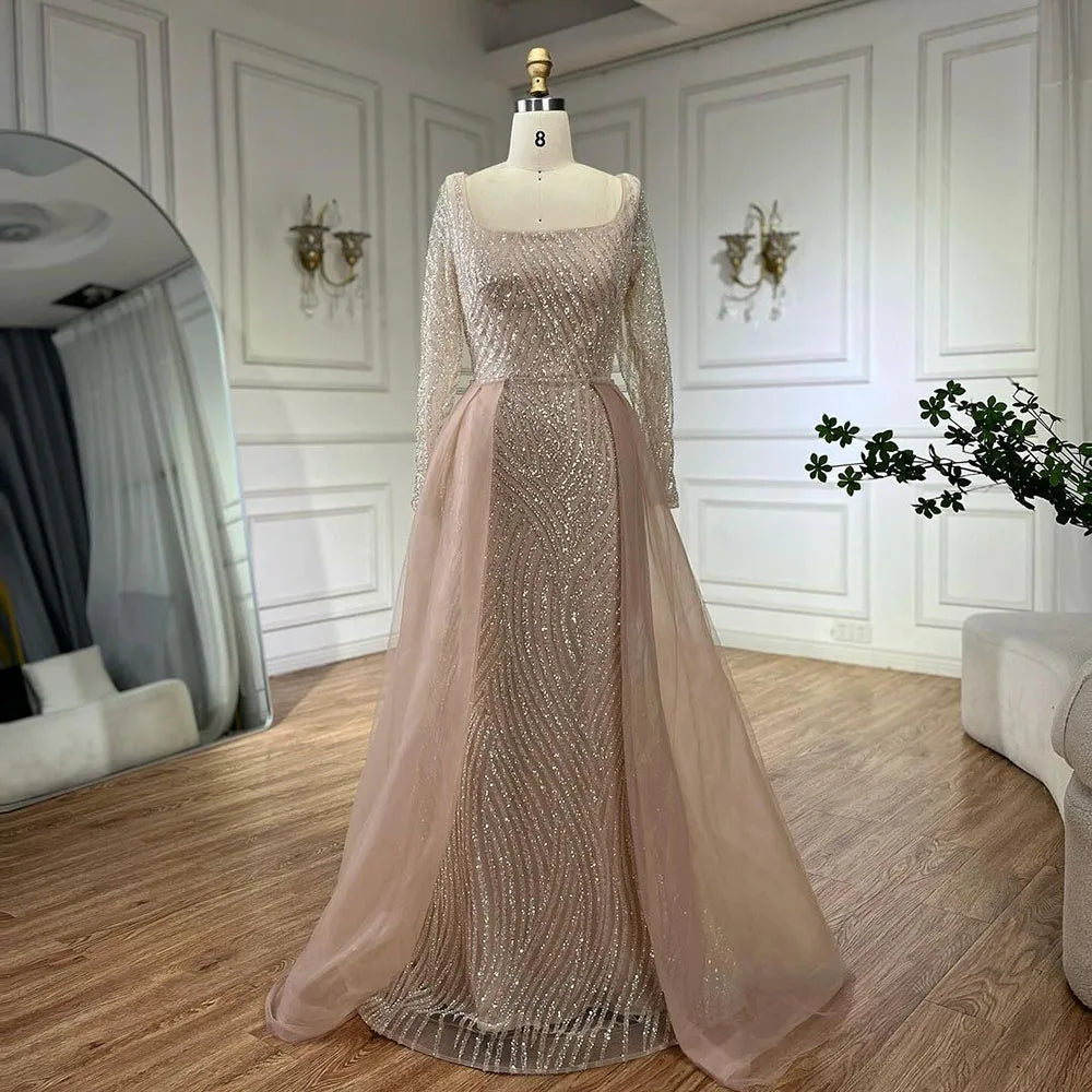 Serene Hill Arabic Nude Square Collar Mermaid Evening Gown Beaded Overskirt Luxury Dresses for Woman&