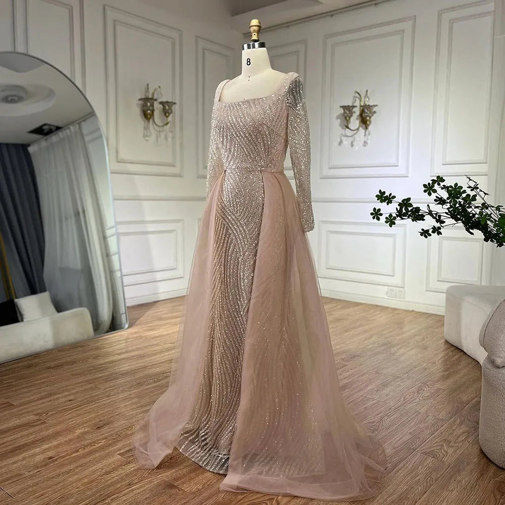 Serene Hill Arabic Nude Square Collar Mermaid Evening Gown Beaded Overskirt Luxury Dresses for Woman&