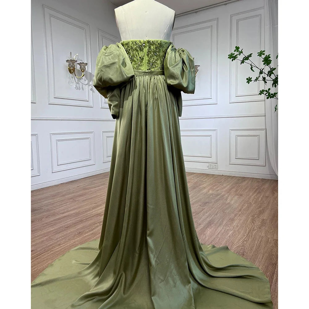 Serene Hill Arabic Olive Satin Mermaid Puff Sleeves Beaded Evening Dresses Gowns 2025 For Women Wedding Party LA71120A - SERENE HILL