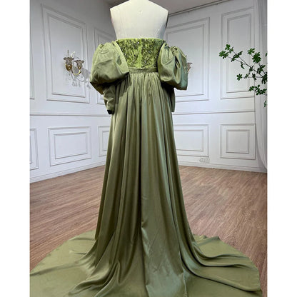 Serene Hill Arabic Olive Satin Mermaid Puff Sleeves Beaded Evening Dresses Gowns 2025 For Women Wedding Party LA71120A - SERENE HILL