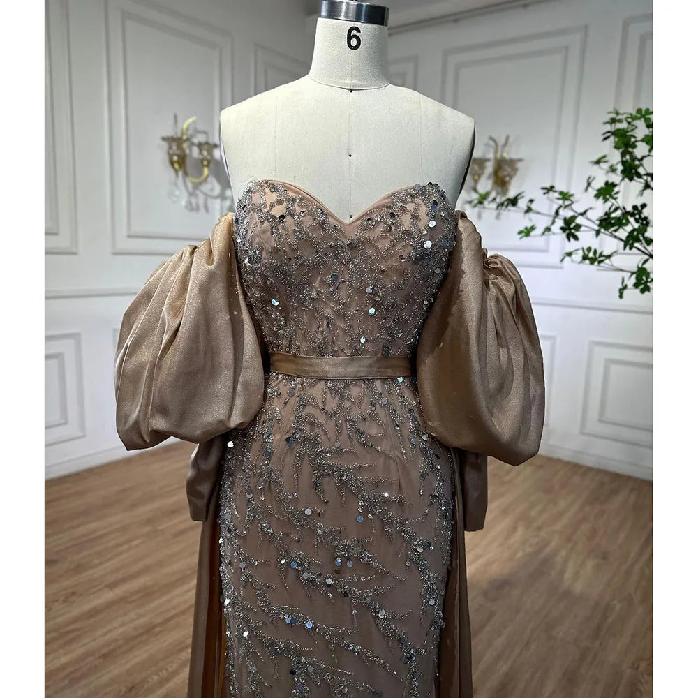 Serene Hill Arabic Olive Satin Mermaid Puff Sleeves Beaded Evening Dresses Gowns 2025 For Women Wedding Party LA71120A - SERENE HILL
