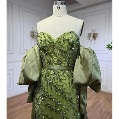 Serene Hill Arabic Olive Satin Mermaid Puff Sleeves Beaded Evening Dresses Gowns 2025 For Women Wedding Party LA71120A - SERENE HILL