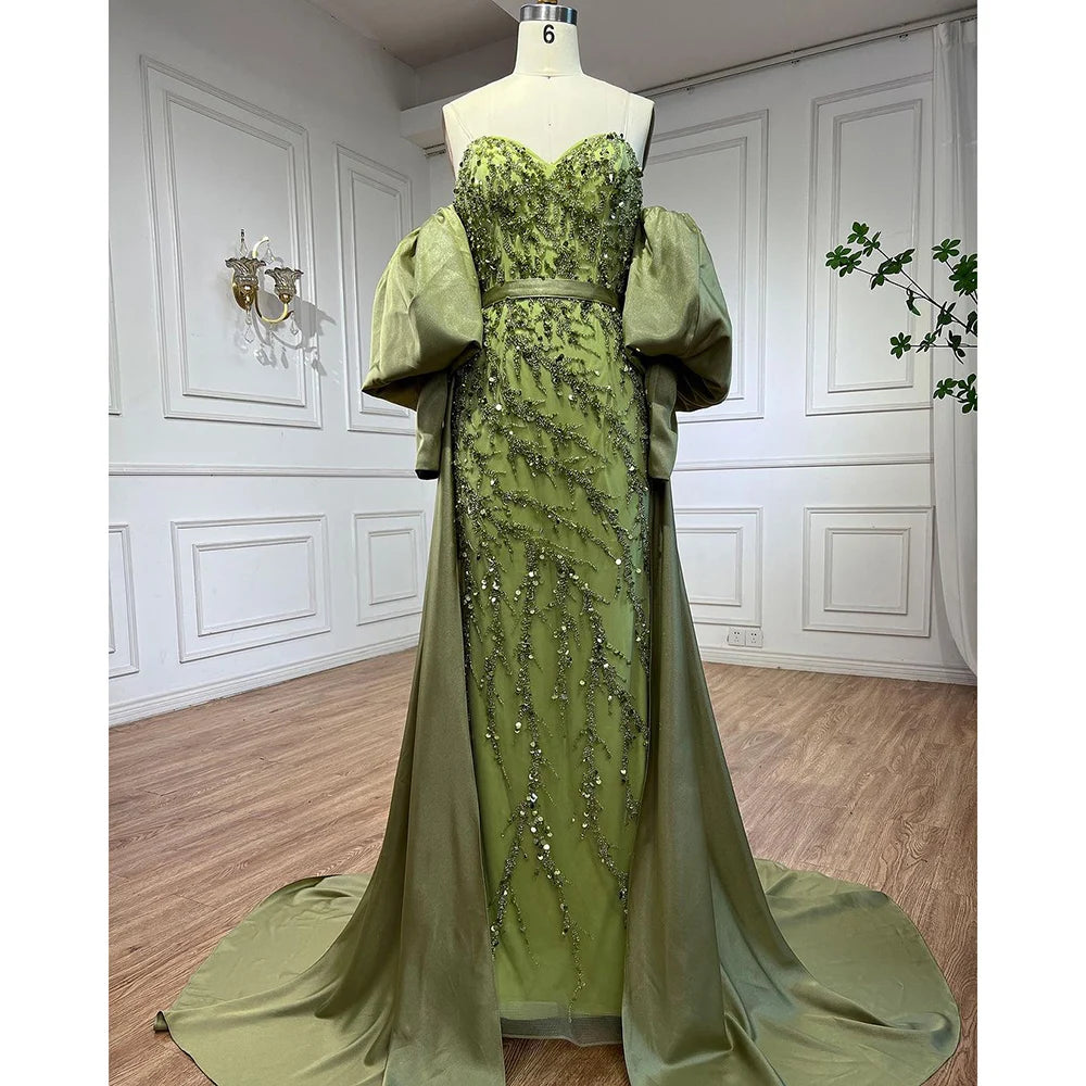 Serene Hill Arabic Olive Satin Mermaid Puff Sleeves Beaded Evening Dresses Gowns 2025 For Women Wedding Party LA71120A - SERENE HILL