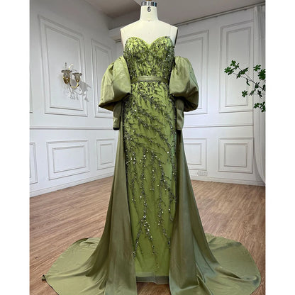 Serene Hill Arabic Olive Satin Mermaid Puff Sleeves Beaded Evening Dresses Gowns 2025 For Women Wedding Party LA71120A - SERENE HILL