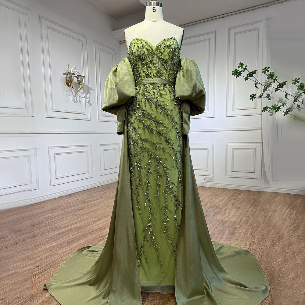 Serene Hill Arabic Olive Satin Mermaid Puff Sleeves Beaded Evening Dresses Gowns 2025 For Women Wedding Party LA71120A - SERENE HILL