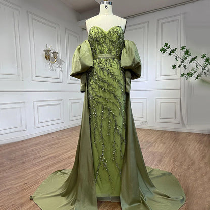 Serene Hill Arabic Olive Satin Mermaid Puff Sleeves Beaded Evening Dresses Gowns 2025 For Women Wedding Party LA71120A - SERENE HILL