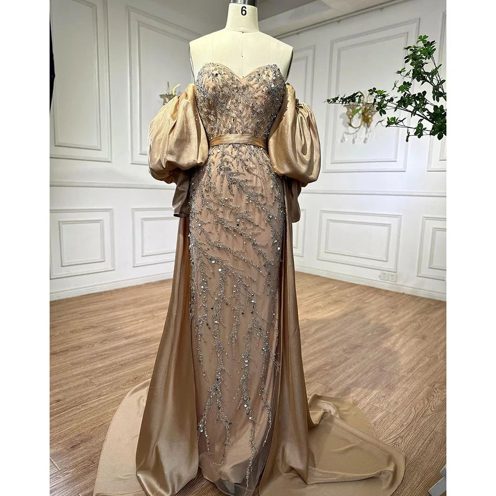 Serene Hill Arabic Olive Satin Mermaid Puff Sleeves Beaded Evening Dresses Gowns 2025 For Women Wedding Party LA71120A - SERENE HILL