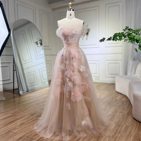 Elegant Off Shoulder Pink 3D Flowers Champagne Evening Dress Arabic LA72274