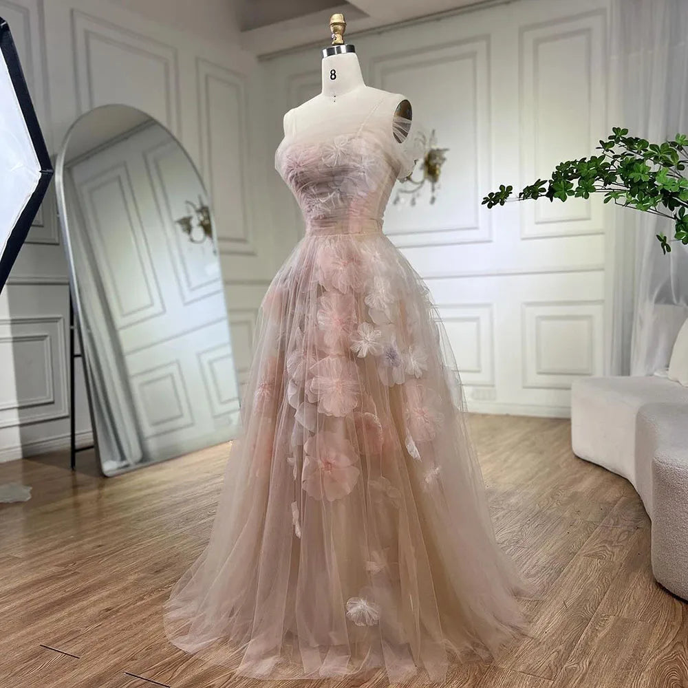 Elegant Off Shoulder Pink 3D Flowers Champagne Evening Dress Arabic LA72274 - SERENE HILL