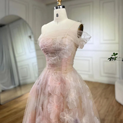Elegant Off Shoulder Pink 3D Flowers Champagne Evening Dress Arabic LA72274 - SERENE HILL