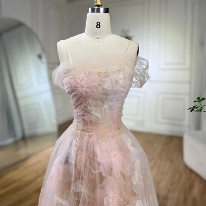 Elegant Off Shoulder Pink 3D Flowers Champagne Evening Dress Arabic LA72274 - SERENE HILL