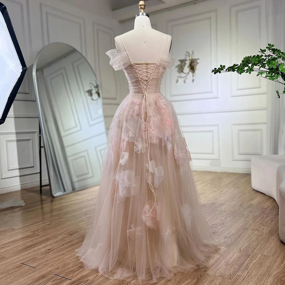 Elegant Off Shoulder Pink 3D Flowers Champagne Evening Dress Arabic LA72274 - SERENE HILL
