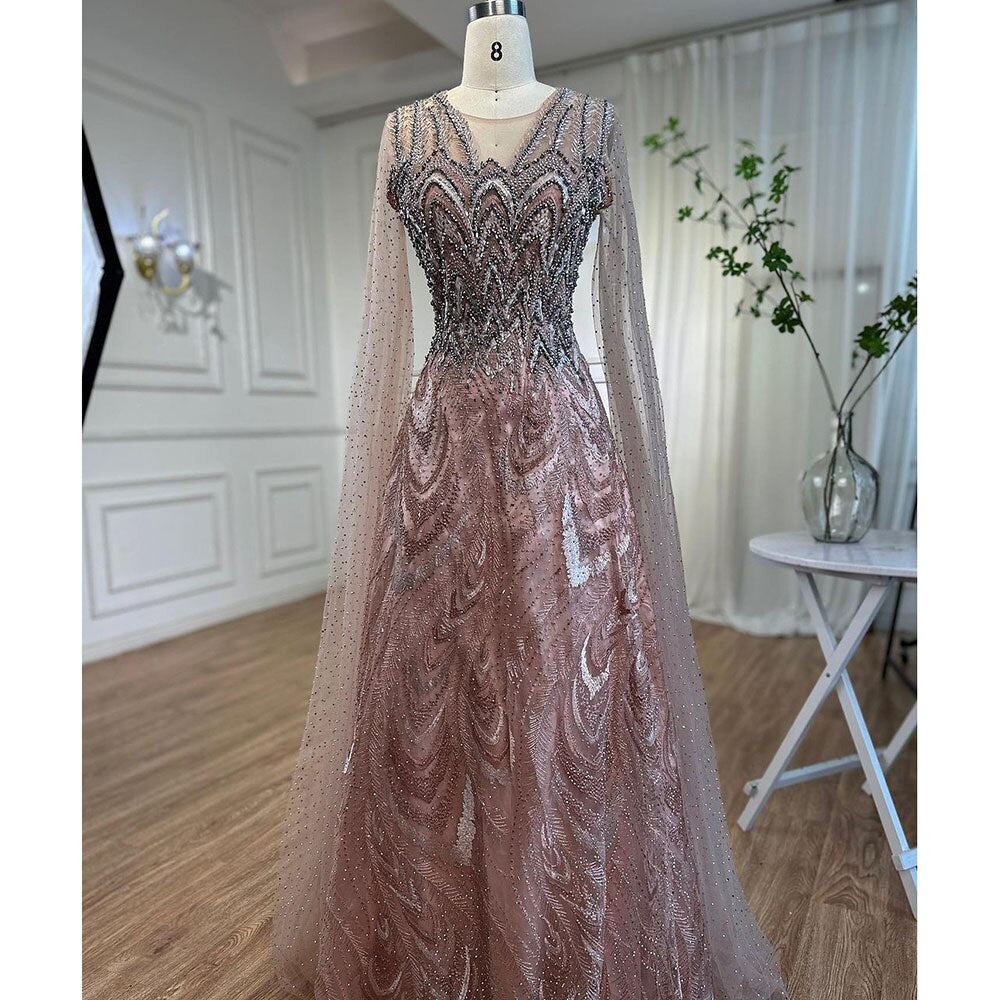 Serene Hill Arabic Pink A Line Beaded Cape Sleeves Evening Dresses Long 2025 Celebrity Gowns For Woman Wedding Party LA72133 - SERENE HILL