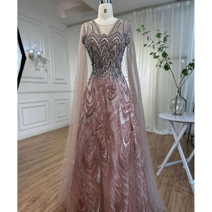 Serene Hill Arabic Pink A Line Beaded Cape Sleeves Evening Dresses Long 2025 Celebrity Gowns For Woman Wedding Party LA72133 - SERENE HILL