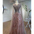 Serene Hill Arabic Pink A Line Beaded Cape Sleeves Evening Dresses Long 2025 Celebrity Gowns For Woman Wedding Party LA72133 - SERENE HILL