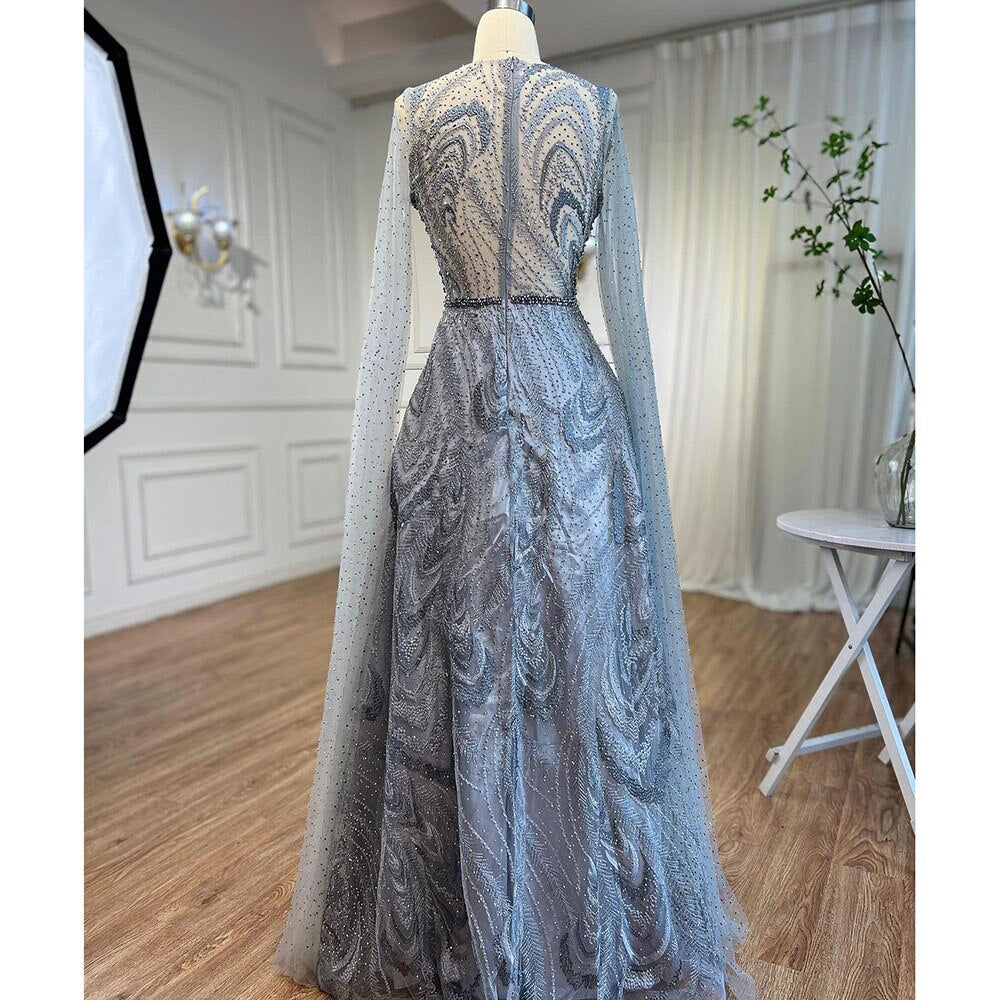 Serene Hill Arabic Pink A Line Beaded Cape Sleeves Evening Dresses Long 2025 Celebrity Gowns For Woman Wedding Party LA72133 - SERENE HILL