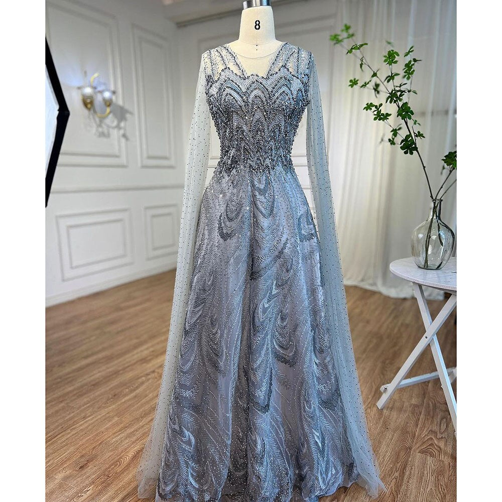 Serene Hill Arabic Pink A Line Beaded Cape Sleeves Evening Dresses Long 2025 Celebrity Gowns For Woman Wedding Party LA72133 - SERENE HILL