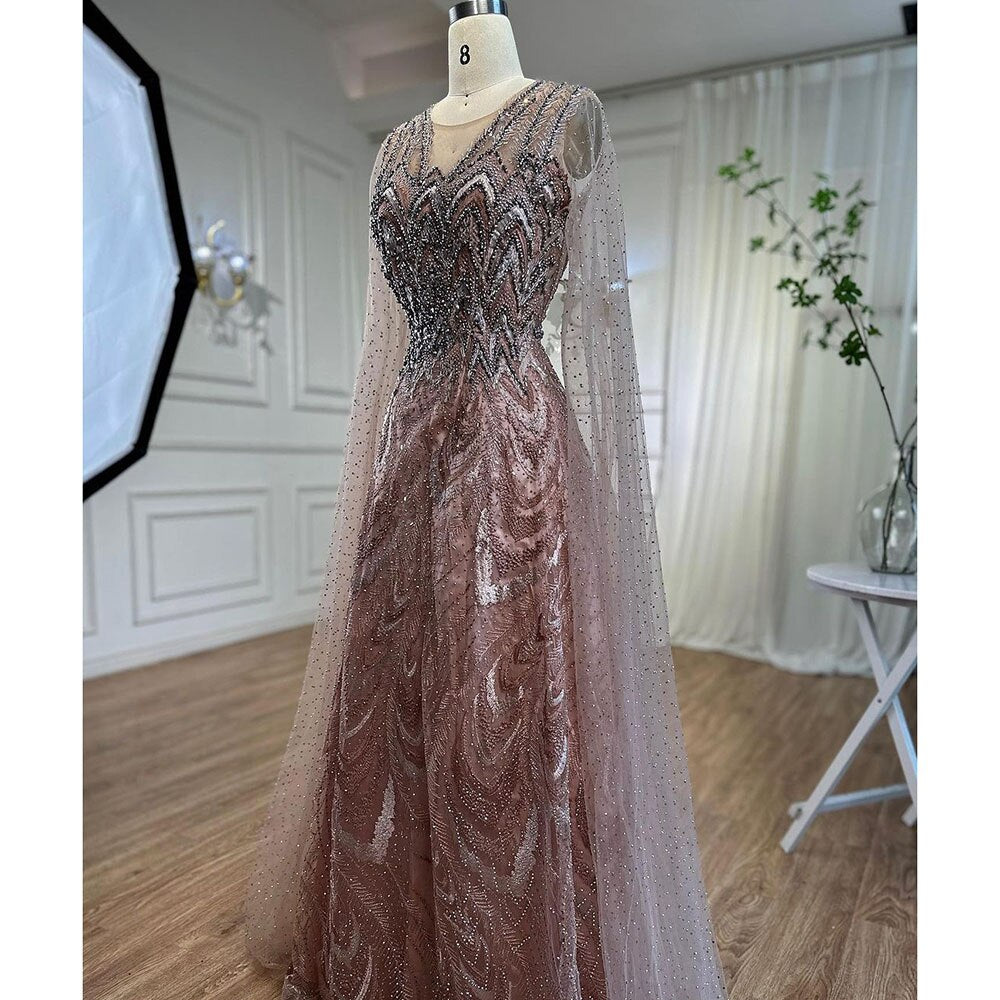Serene Hill Arabic Pink A Line Beaded Cape Sleeves Evening Dresses Long 2025 Celebrity Gowns For Woman Wedding Party LA72133 - SERENE HILL