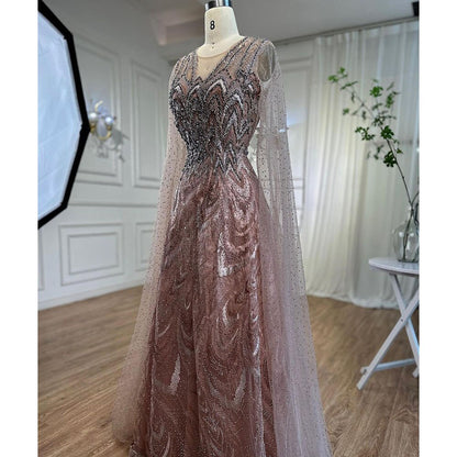 Serene Hill Arabic Pink A Line Beaded Cape Sleeves Evening Dresses Long 2025 Celebrity Gowns For Woman Wedding Party LA72133 - SERENE HILL