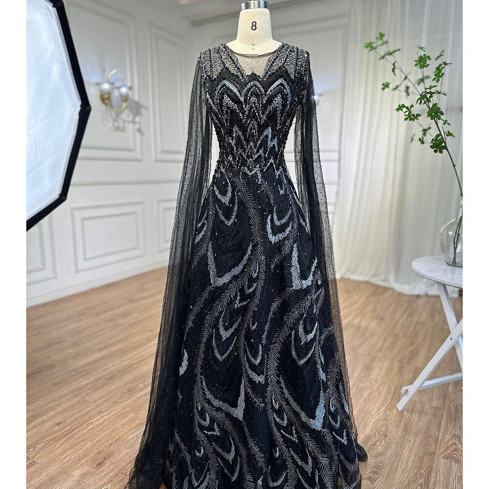 Serene Hill Arabic Pink A Line Beaded Cape Sleeves Evening Dresses Long 2025 Celebrity Gowns For Woman Wedding Party LA72133 - SERENE HILL