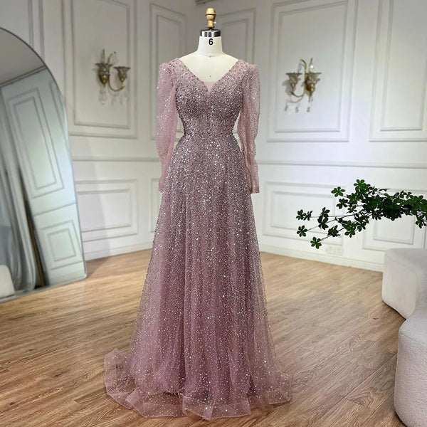 Serene Hill Arabic Pink A Line Elegant Long Sleeves Luxury Beaded Evening Dresses Gowns for Women Wedding Party 2025 LA72521