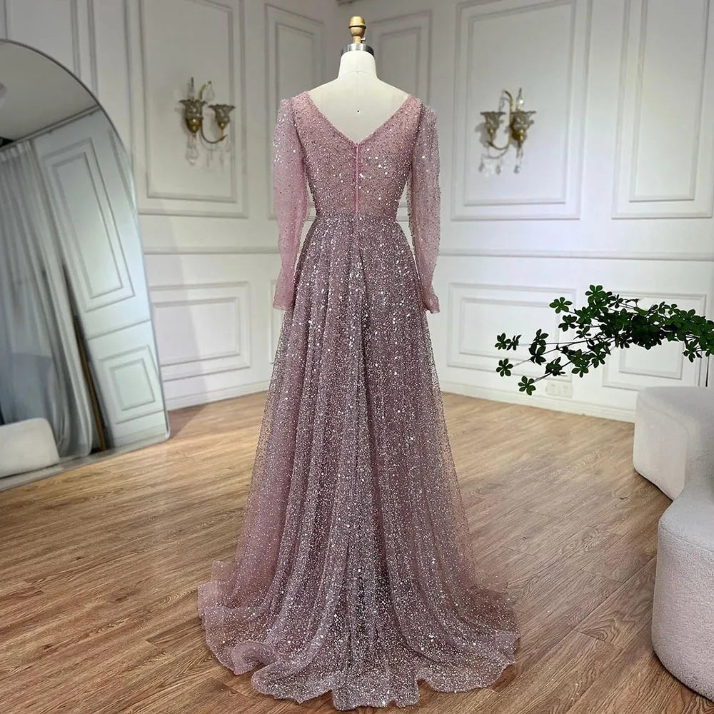 Serene Hill Arabic Pink A Line Elegant Long Sleeves Luxury Beaded Evening Dresses Gowns for Women Wedding Party 2025 LA72521 - SERENE HILL