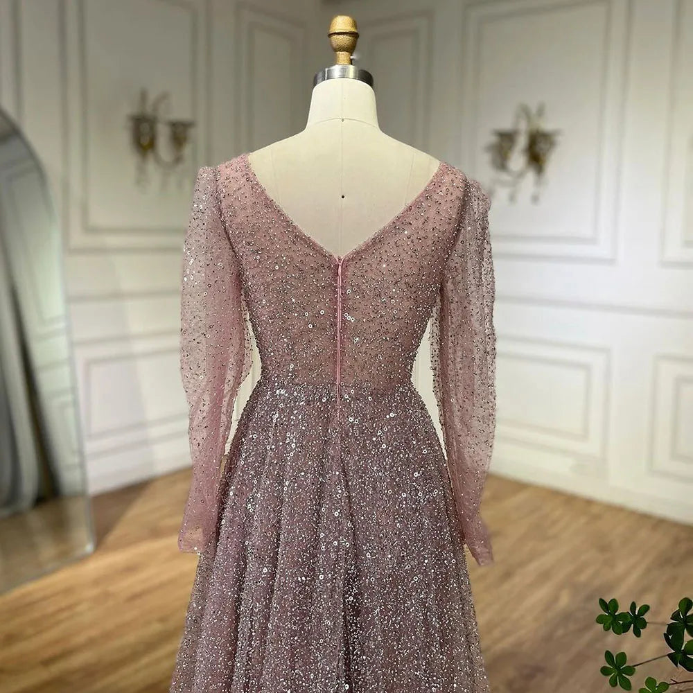 Serene Hill Arabic Pink A Line Elegant Long Sleeves Luxury Beaded Evening Dresses Gowns for Women Wedding Party 2025 LA72521 - SERENE HILL