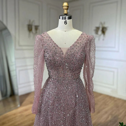 Serene Hill Arabic Pink A Line Elegant Long Sleeves Luxury Beaded Evening Dresses Gowns for Women Wedding Party 2025 LA72521 - SERENE HILL