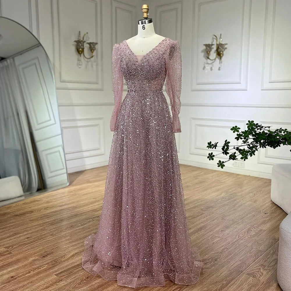 Serene Hill Arabic Pink A Line Elegant Long Sleeves Luxury Beaded Even   SERENE HILL