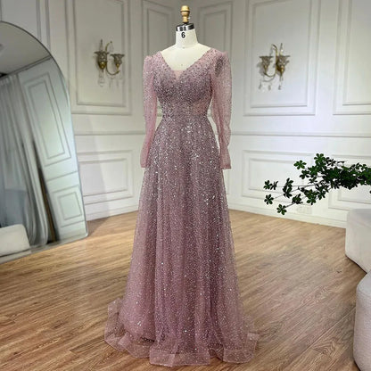 Serene Hill Arabic Pink A Line Elegant Long Sleeves Luxury Beaded Evening Dresses Gowns for Women Wedding Party 2025 LA72521 - SERENE HILL