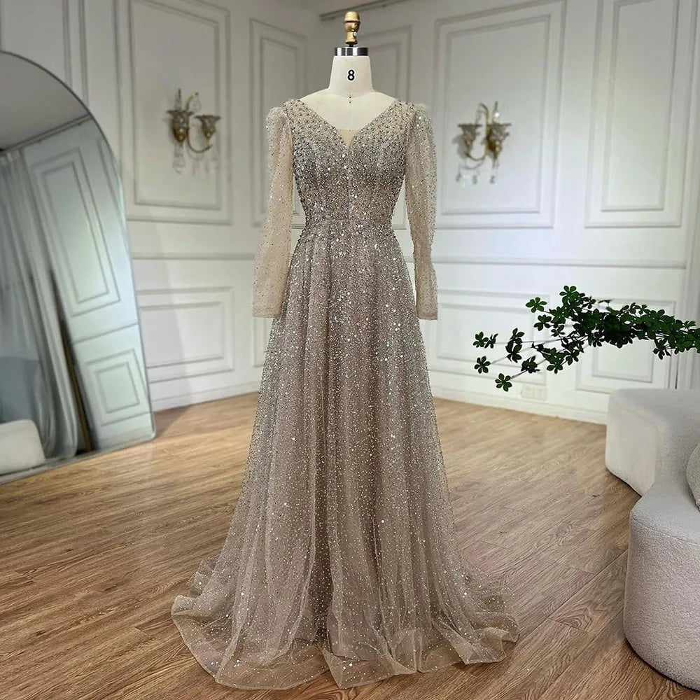 Serene Hill Arabic Pink A Line Elegant Long Sleeves Luxury Beaded Evening Dresses Gowns for Women Wedding Party 2025 LA72521 - SERENE HILL