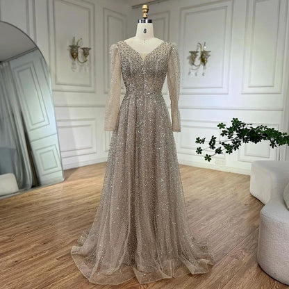 Serene Hill Arabic Pink A Line Elegant Long Sleeves Luxury Beaded Evening Dresses Gowns for Women Wedding Party 2025 LA72521 - SERENE HILL