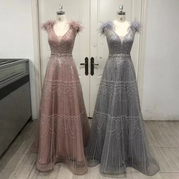 Serene Hill Arabic Pink A-Line Elegant Luxury Beaded Feathers Evening Dress for Women - Wedding Party 2025 LA72608