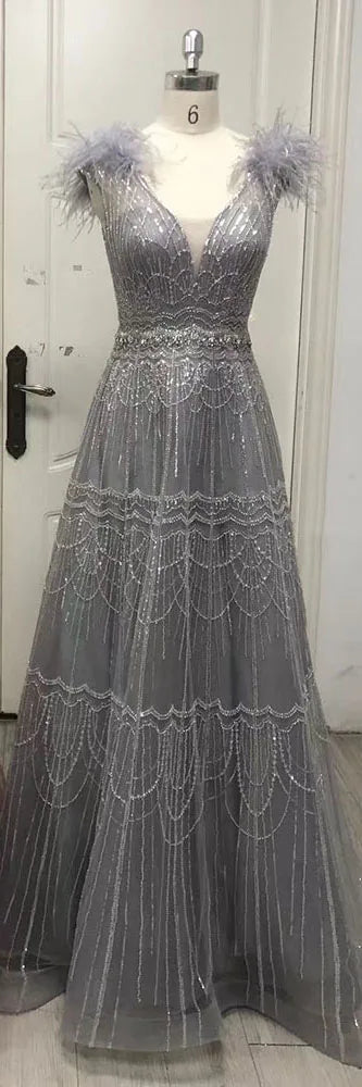 Serene Hill Arabic Pink A-Line Elegant Luxury Beaded Feathers Evening Dress for Women - Wedding Party 2025 LA72608 - SERENE HILL