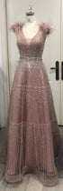 Serene Hill Arabic Pink A-Line Elegant Luxury Beaded Feathers Evening Dress for Women - Wedding Party 2025 LA72608 - SERENE HILL